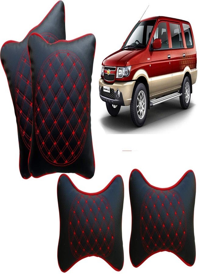 Selifaur Black and Red Double Quilted Car Cushion and Neck Rest Pillow Set of 4 for Tavera Type2 - Image 1
